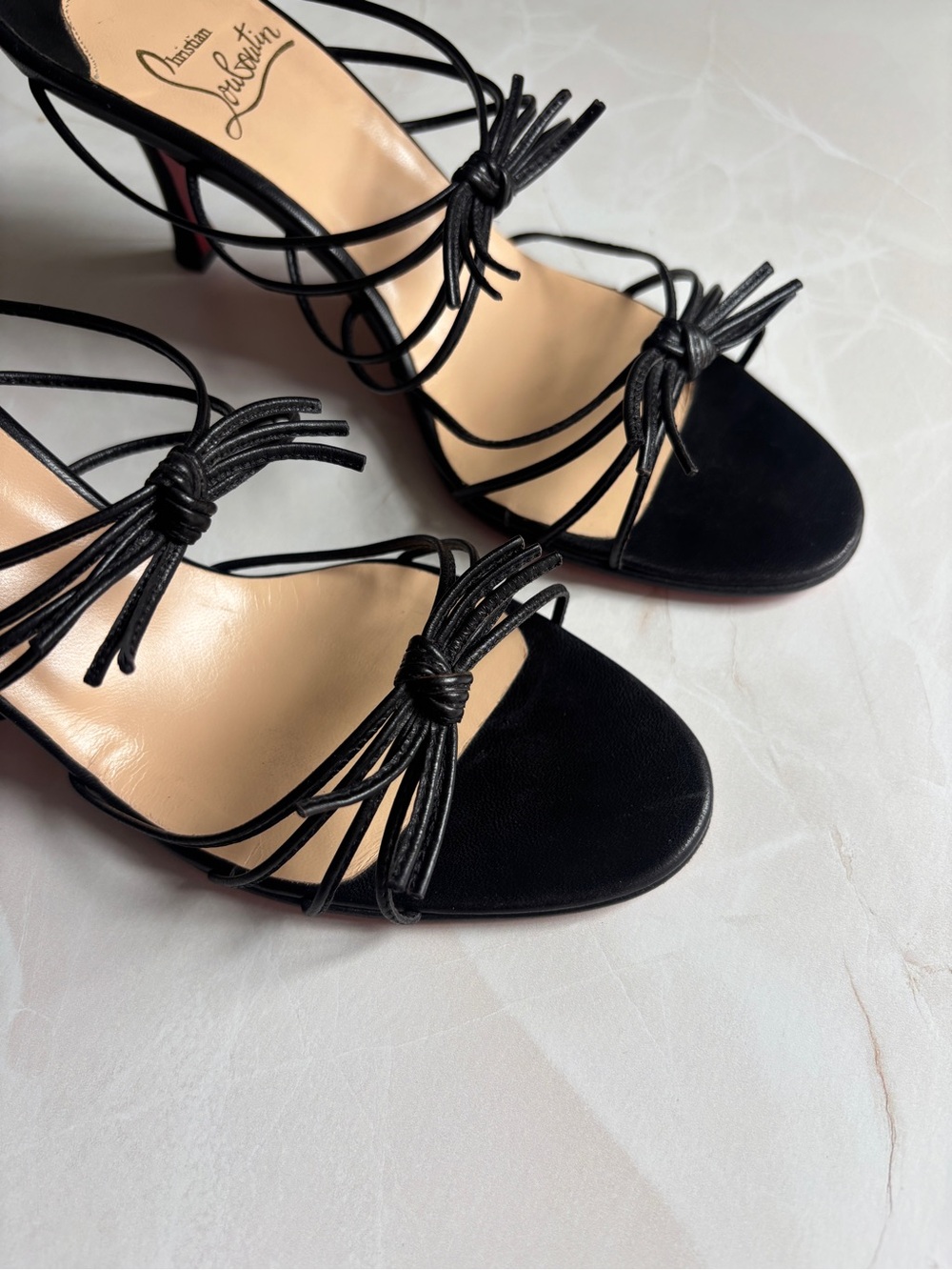 Christian Louboutin Black Strappy Open-Toe Heels with Signature Red Soles - Picture 4 of 10